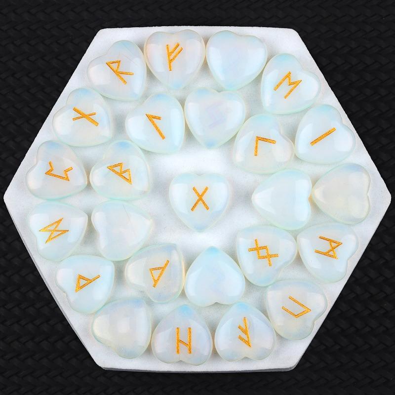 20mm Heart Obsidian Gemstone Rune Stones with Elder Futhark Alphabet Engraved 25pcs Rune Set Crystal Divination Healing Runes 20mm 25pcs