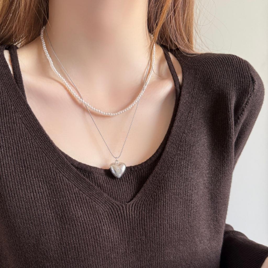 Minimal Silver Tone Heart Pearl Necklace, Double Layer Stackable Hoodie Chain Luxury Sweater Chain