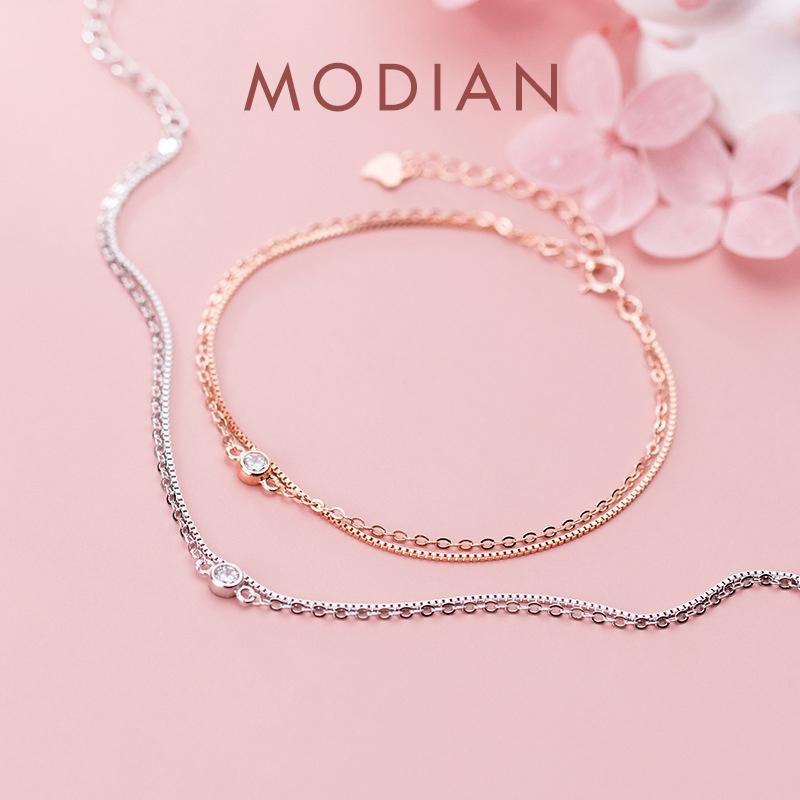 Modian Real 925 Silver Luxury Double Layer Single Diamond Box Chain Bracelet for Women Fashion Bracelet Fine Jewelry