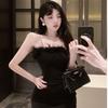 Sexy hairy edge one-word shoulder tube top dress women's spring and summer small dress waist slim hip skirt