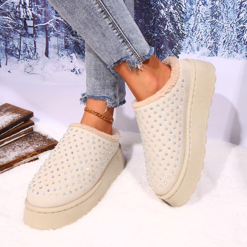 Fashion Women Flats Slippers Crystal Platform Suede Mules Shoes Fur Shoes 2025 Casual New Winter Warm Cozy Woman Flip Flops Trend Slides