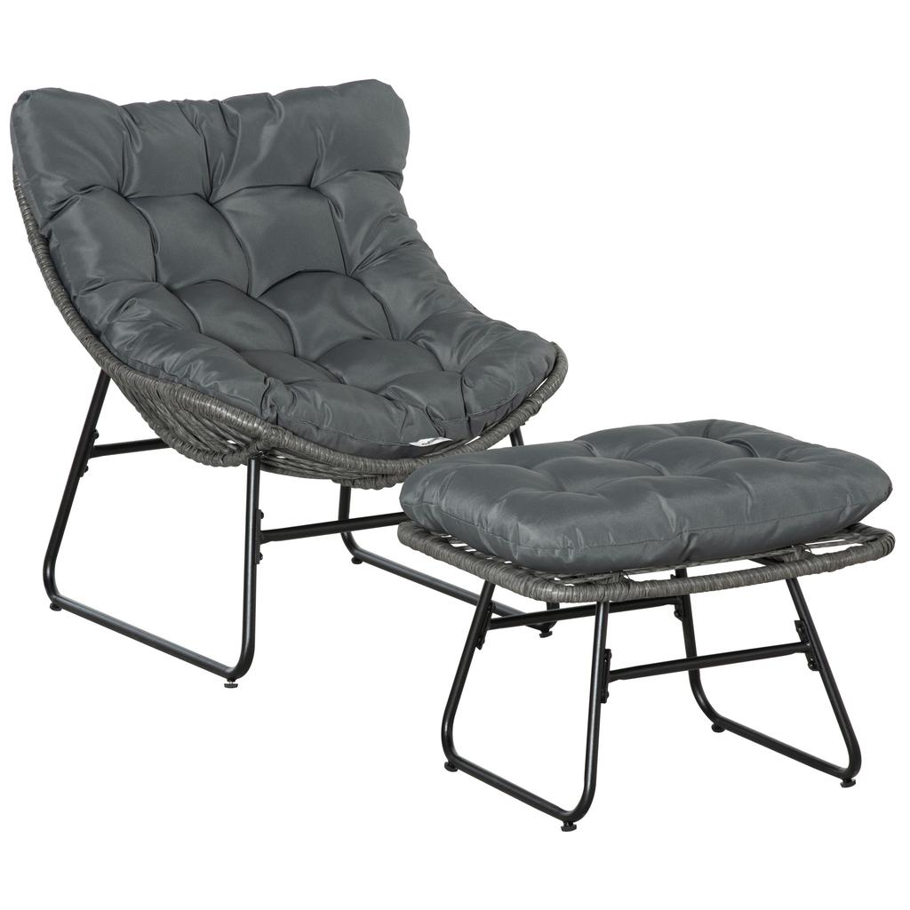 Sedia Relax in Rattan con Poggiapiedi, Sedia da Giardino con Cuscini Spessi Sedia in Rattan da Esterno Sedia da Giardino per Giardino, Balcone, Patio Grigio