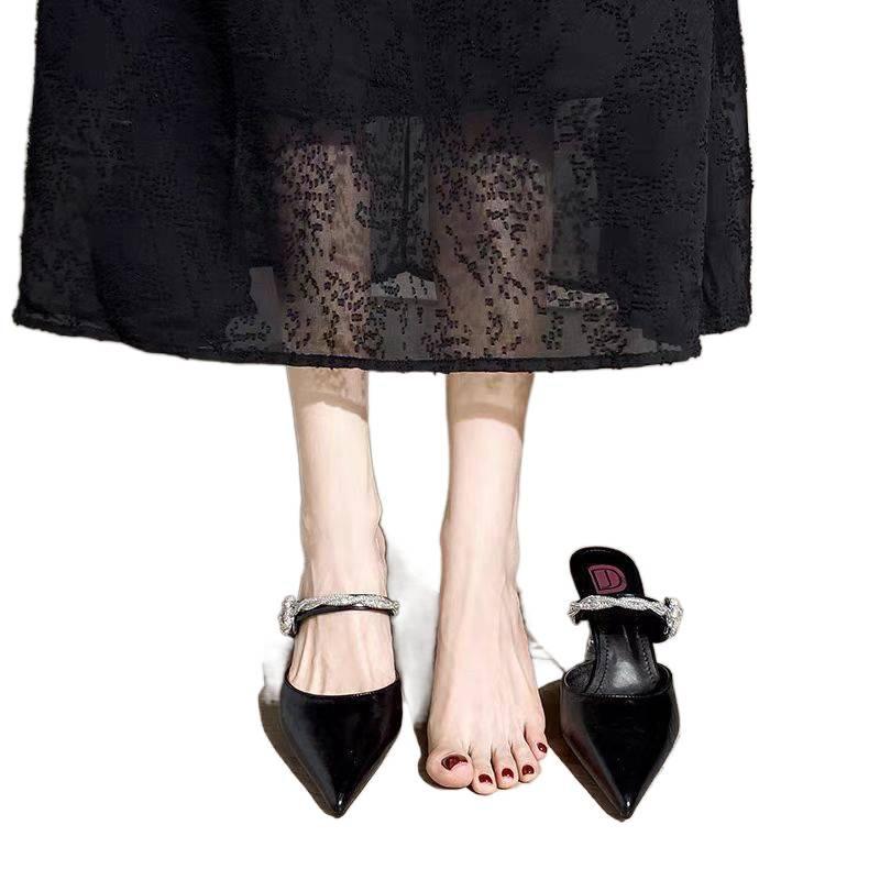 2025 Summer New Soft Leather Pointed Rhinestones with Cool Slippers Outside French High-end Stiletto High Heels