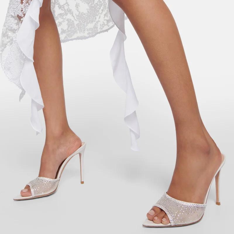 Fashion Summer Woman Thin Heel Rhinestone High Heel Slippers Fashion Open-toed Pointed End Slip-on Not Tired of Feet Stiletto