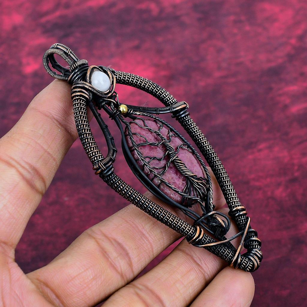 Tree Of Life Rhodonite Gemstone Pendant Copper Wire Wrapped Jewelry Rainbow Moonstone Pendant