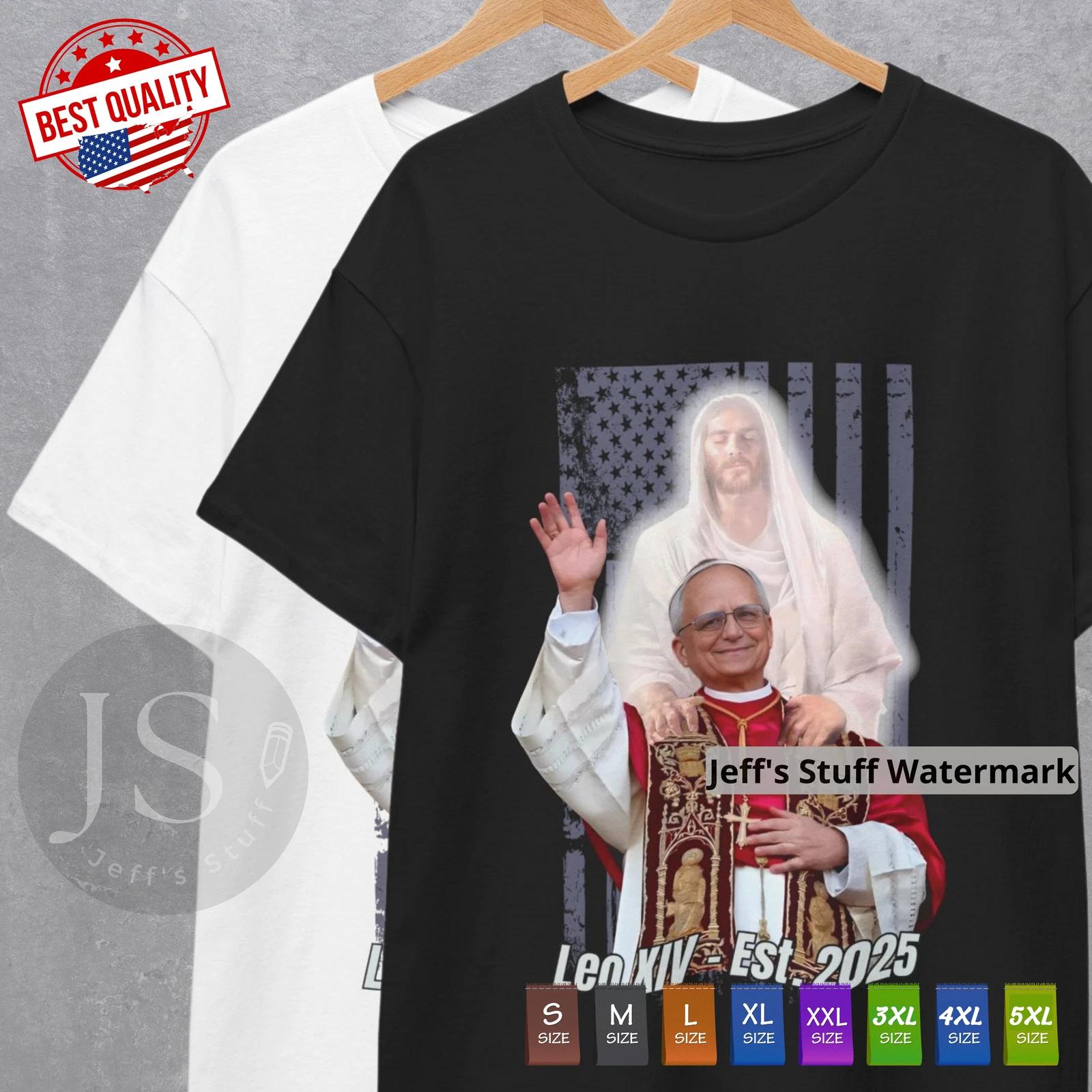 

Pope LEO XIV T Shirt Jesus Behind US Flag Tee Clothing Catholic Gift Souvenir S