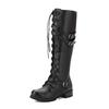 Damen Overknee-Stiefel aus Leder mit elastischem Stretch-Absatz und Nieten, Gürtelschnalle, quadratischer Absatz, runder Kopf zum Schnüren