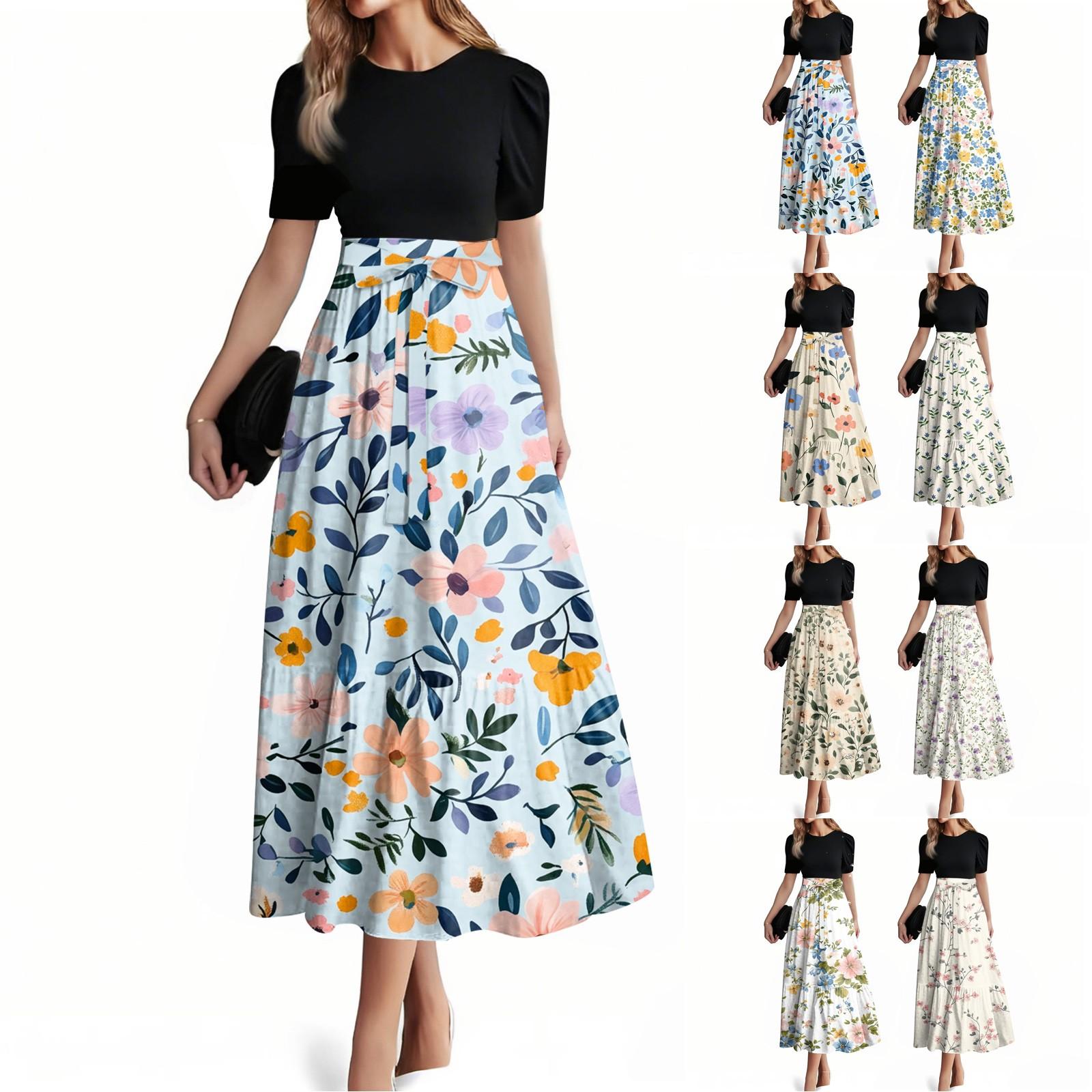 

Жіноча мода випадковий пояс короткий рукав круглий виріз шиття елегантний темперамент сукня L фіолетовий