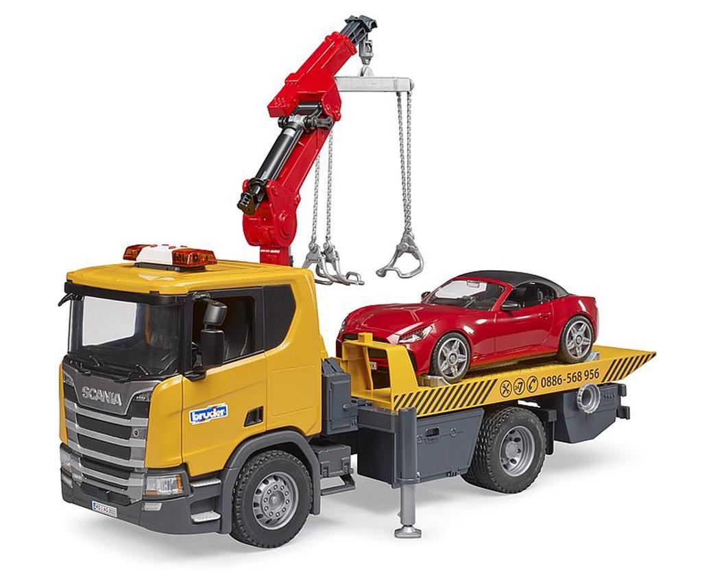 Toy Tow Truck Bruder Scania Super R Yellow with Removable Roof Roadster Model BR03552