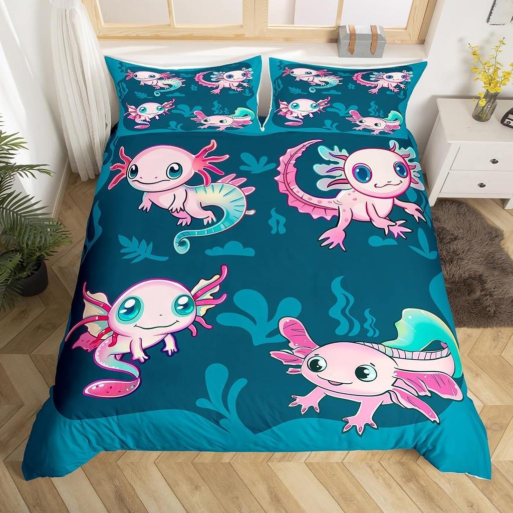 Cartoon Axolotl Bettbezug für Jungen Mädchen Ozean Tierwelt Axolotl Bettwäsche Set Einzel Doppel König Botanische Deckenbezug mit Kissenbezug