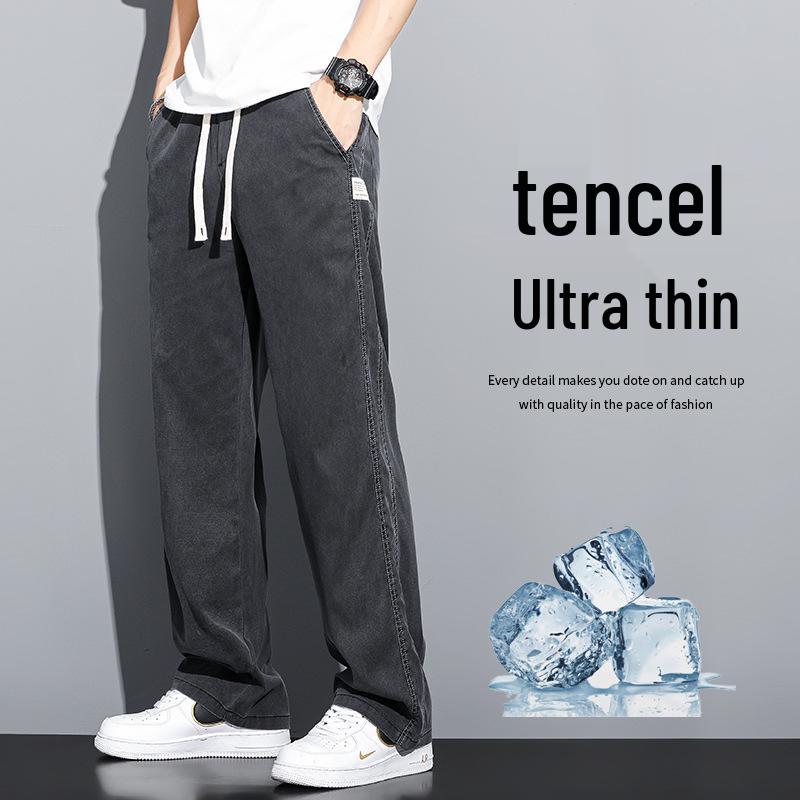Men's Summer Tencel Jeans: Lightweight, Loose-Fit Straight-Leg Drawstring Sports Shorts, Trendy Workwear Casual Nine-Point Pants