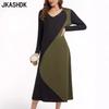 Women's Fashion Spring Fall Colour Block Print Long Sleeve V-Neck High Waist Casual Dresses
