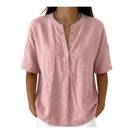 

Women Tops V Neck Button Closure Short Sleeve Pullover Tops Pure Color Loose Fit Versatile Casual Commuter Shirt XXXL рожевий