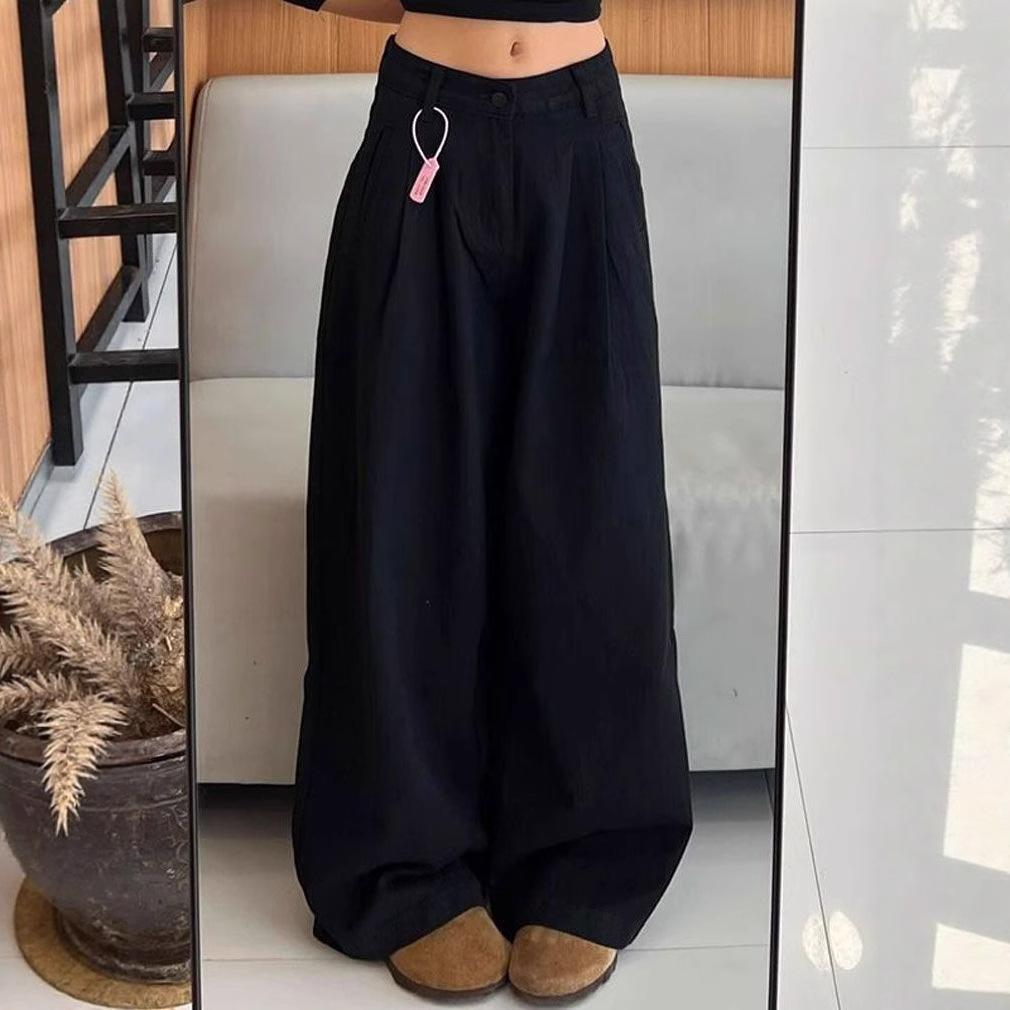 Black Big Yards Loose Jeans Women's Meat Covering Folded Texture Design Sense of Dragging The Ground Wide-legged Straight Trousers Long Denim Pants