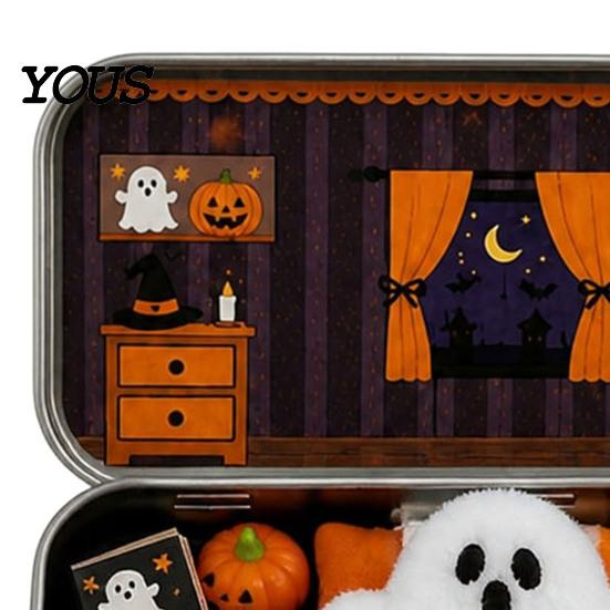 Halloween Candy Storage Mini Tin Box Gift, Plush Ghost with Haunted House Cabin Illustration Scene, Collectible Micro Theater Gift for Kids,