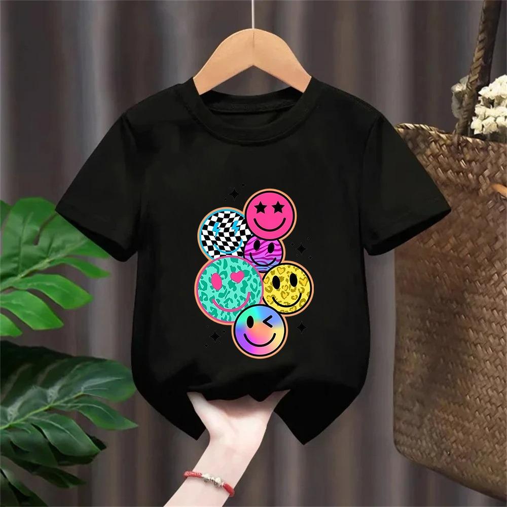 Kids Cartoon Smiley Face Print Short-sleeved T-shirt Casual and Versatile Style Suitable for Children's Outings and Daily Wear