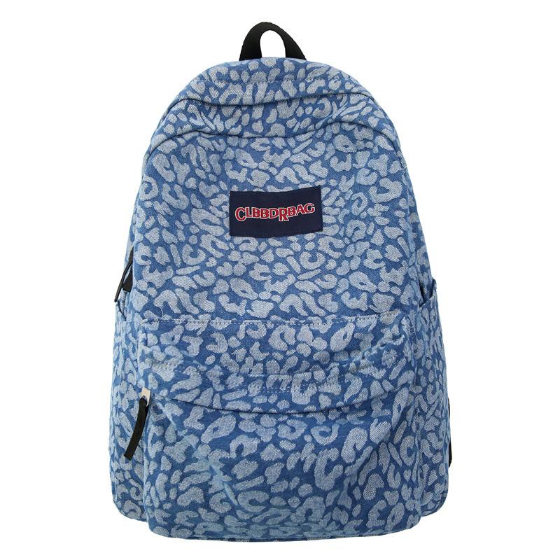 Leopard Print Denim Backpack Student Schoolbag Women Lightweight Backpack