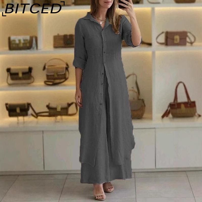 

BITCED Spring/Summer Casual Linen Set for Women Elegant Long-Sleeved Top with Wide-Leg Trousers Two-Piece Ensemble XXXXXL темно-сірий
