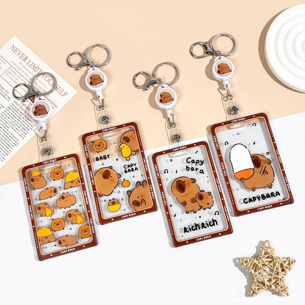 Kawaii Cartoon Capybara Photocard Holder with Lanyard Keychain Photo Protector Case Transparent Card Cover Photo Storage