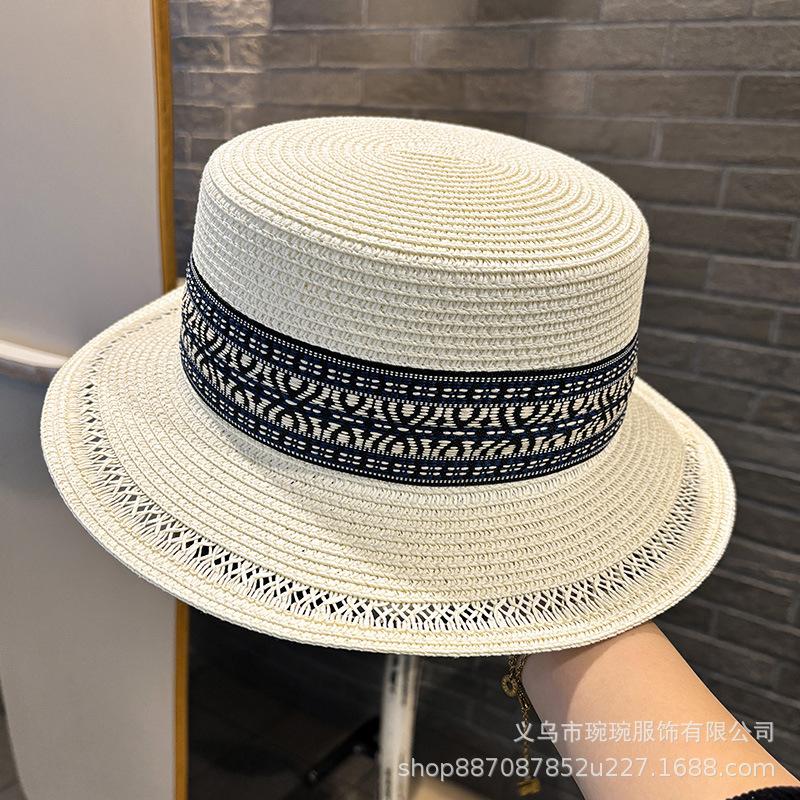 Ethnic style straw hat women's summer fashion retro travel beach seaside vacation style straw woven Panama flat hat