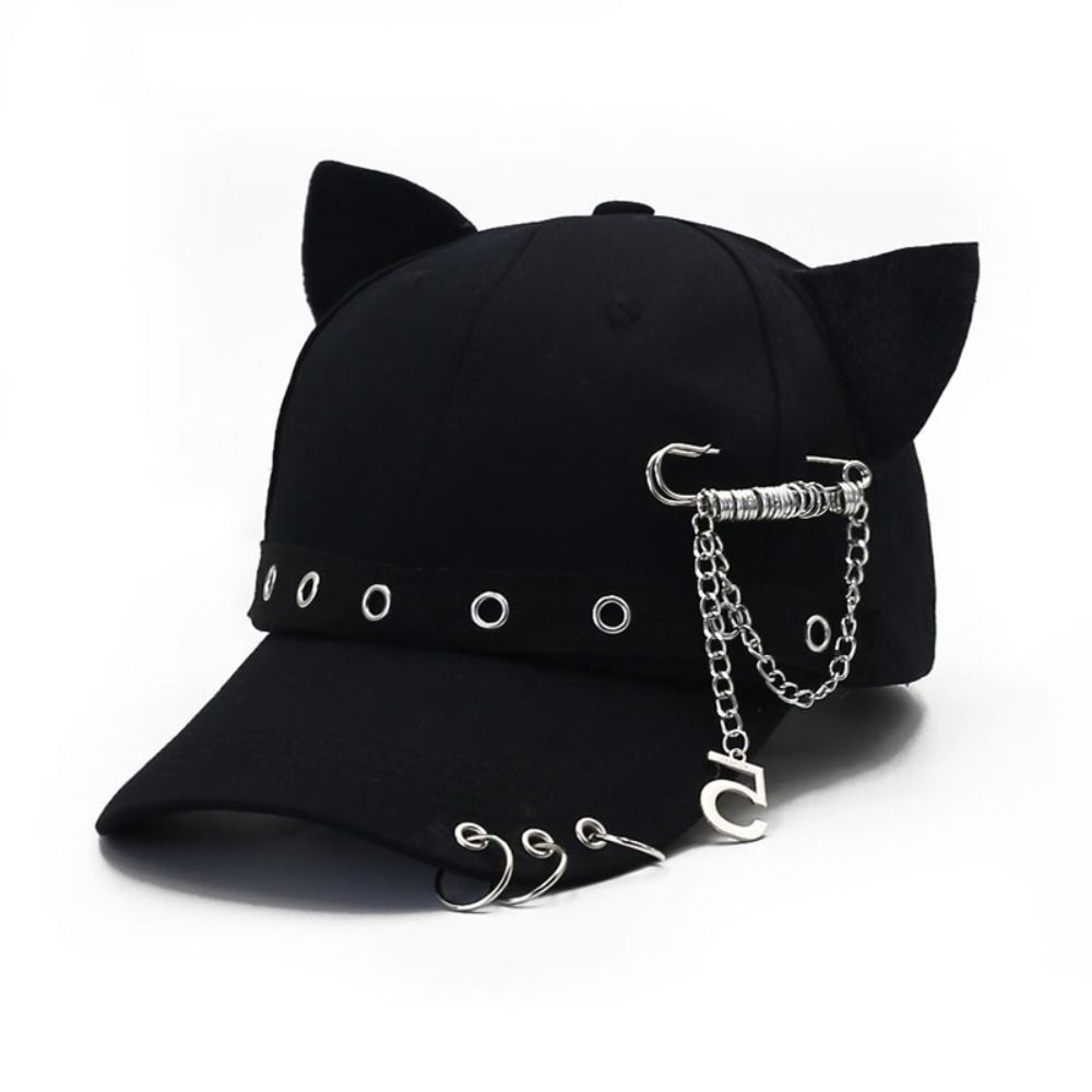 Hiphop Metal Ring Baseball Hat Rivet Peaked Cap Retro Cat Ear Baseball Cap  Men