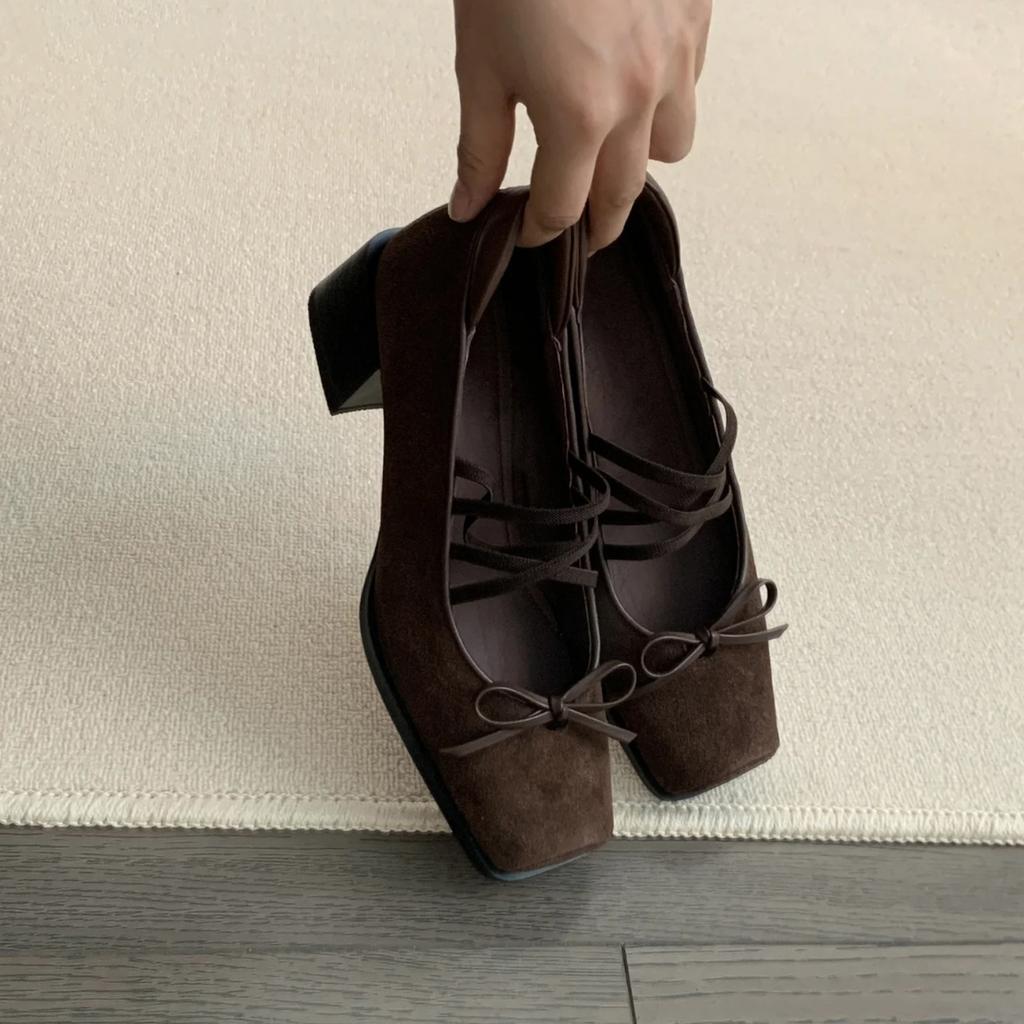 Bow Ballet Single Shoes Autumn and Winter 2025 New Brown Retro Square Head Thick Heel Mary Jane Shoes Women's Shallow Mouth