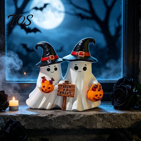 Durable Resin Ghost Figurines Halloween Figurine, Cute Spooky Statue with Wizard Hat Statues Witch for Table, Tiered Tray, Kitchen, Bedroom
