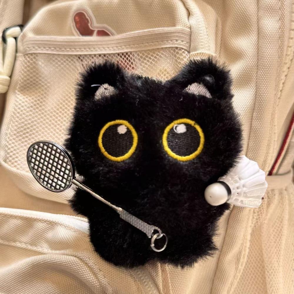 Angel Black Cat Plush Doll Keychain Badminton Car Key Ring Cute Doll Bag Pendant Gifts