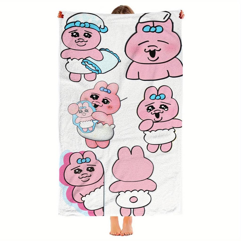 Kawaii Pink Rabbit Bath Towel Flat Print Cute Emotional Bunny Beach Blanket for Kids Girls Bathroom Decor Aesthetic