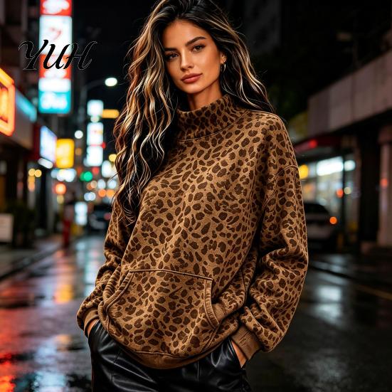 Loose Fit Sweatshirt Women Leopard Print Sweatshirt, Mock Neck Long Sleeve Pullover with Top Kangaroo Pocket, Drop Shoulder Casual for Fall