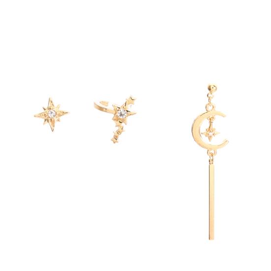 3Pcs Women Rhinestone Star Moon Bar Fashion Ear Studs Earrings Set Party Jewelry