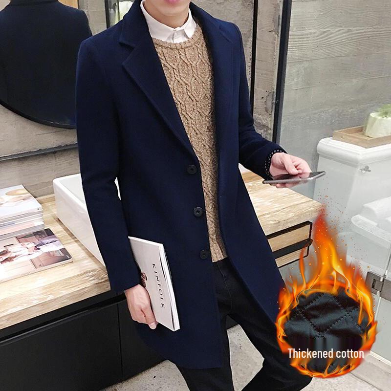 Men's Autumn Winter Wool Trench Coat, Korean Style Slim Fit, Mid-Length, Thickened for Warmth