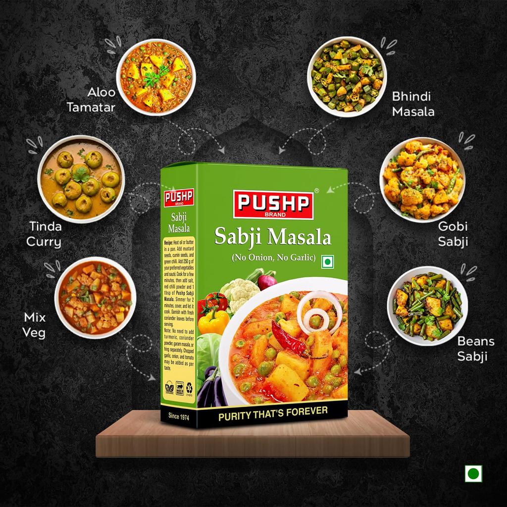 Pushp Sabji Masala Polvere Confezione da 10 Scatole da 50g Ciascuna Condimento All-in-One per Curry di Verdure per Autentica Cucina Indiana Casalinga