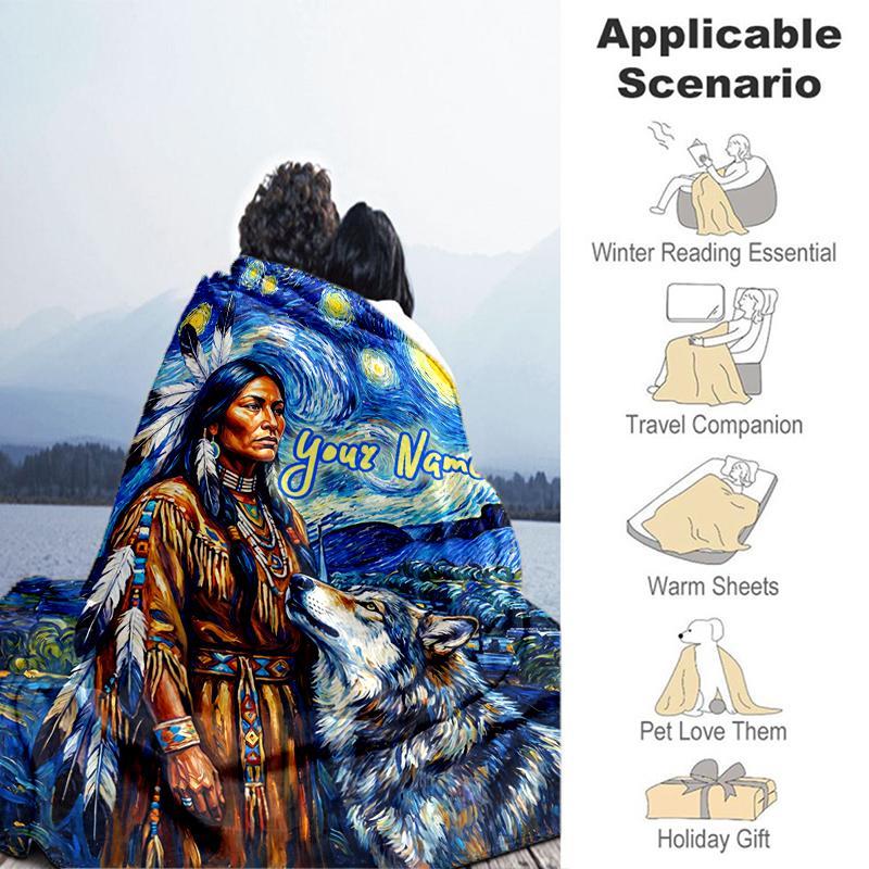 1PC Custom Name Native American Wolf Night Flannel Blanket Versatile,all-season Throw Suitable for the Living Room,bedroom,camping,travel,and Gift