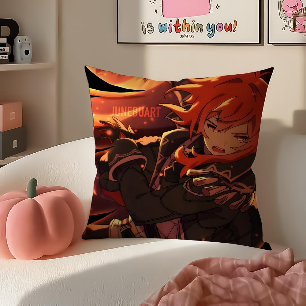 Game Genshin Diluc Cushion Cover Pillowcase Short Plush Invisible zipper Room Sofa Cushion Cover
