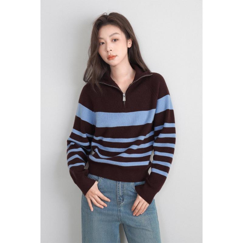 Striped Half-zip Lapel Pullover Sweater Jacket for Women in Autumn and Winter New Style Lazy Style Outer Wear Long-sleeved Sweater
