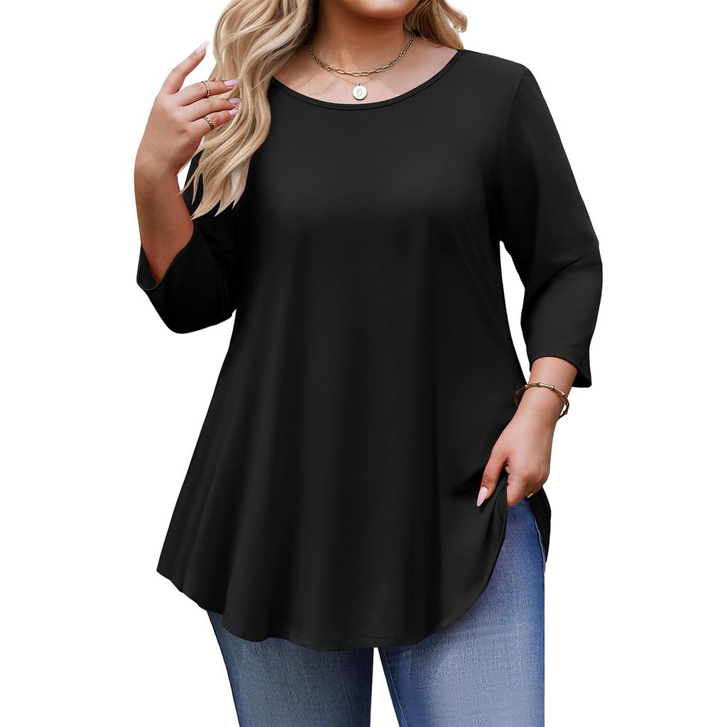 Plus Size Women's Top 3/4 Sleeve Curved Hem Loose Color Top Shirt