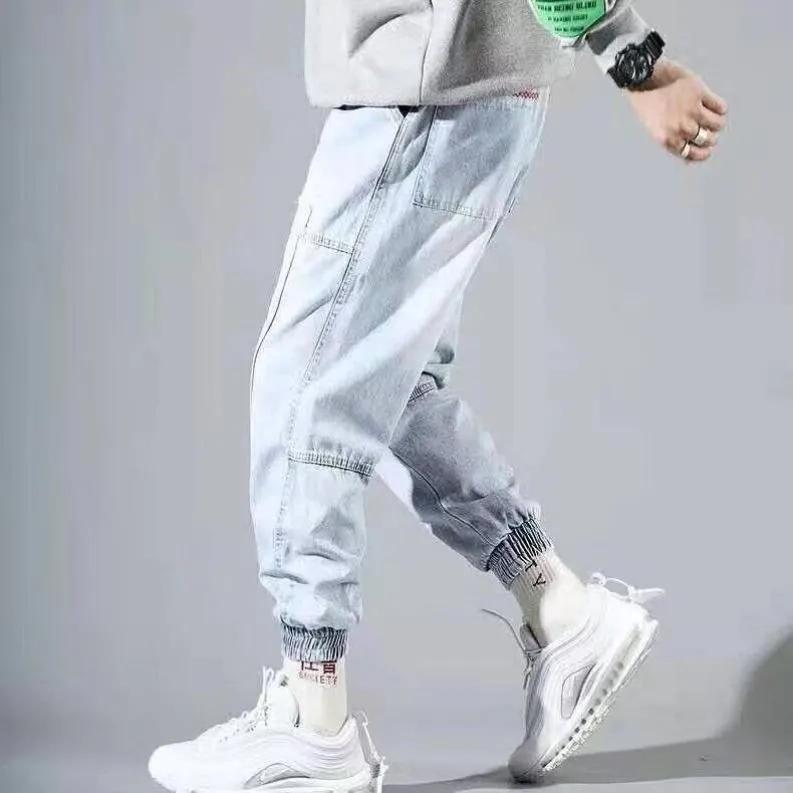 Men's Plus Size Trousers Korean Version of Workwear Jeans Trendy Light Hip-hop Style Loose Youth Harlan Lace-up Trousers