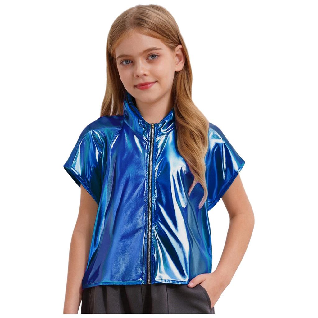 Boys Girls Metallic Hooded Vest Sleeveless Zipper Shiny Hoodie Jazz Dance Stage Performance Vest
