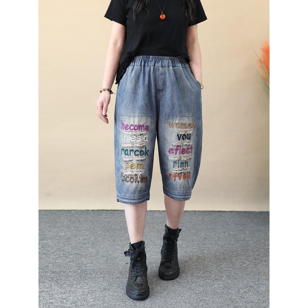 

DIMANAF 2025 Летние шорты Женские джинсы Повседневные брюки Вышивка Высокая талия Эластичные Базовые свободные шаровары XL синий