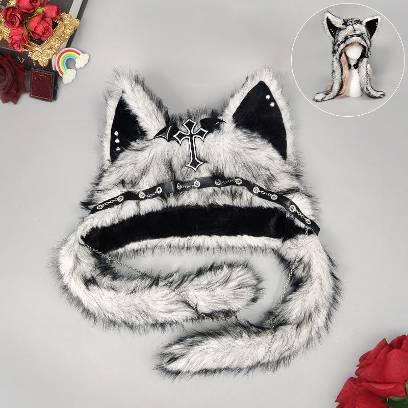 Goth Handwork Medieval Cross Fluffy Hat Woman Punk Wolf Cat Ears Plush Headgear Gothic Darkness Cosplay Props Windproof Gorros