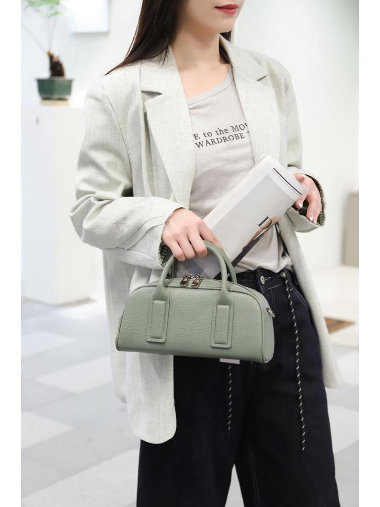 Women's Lightweight Genuine Leather Boston Pillow Bag - Luxury Retro Bowling Handbag & Casual Crossbody