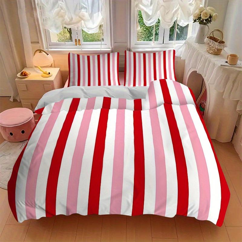 Juego de Ropa de Cama Estampada con Rayas Rojas de 3 Piezas, Transpirable y Suave, Lavable a Máquina, Regalo de Navidad, Adecuado para Decoración de Dormitorio, 15172