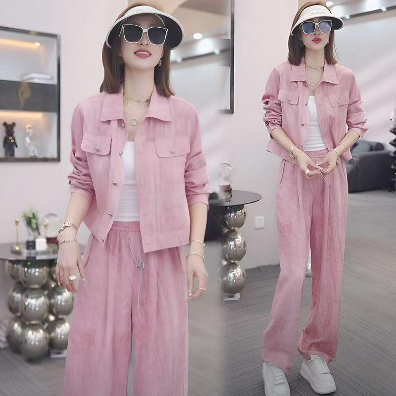 Autumn 2025 Women's Casual Set: Slim Lapel Top & High-Waisted Wide-Leg Pants