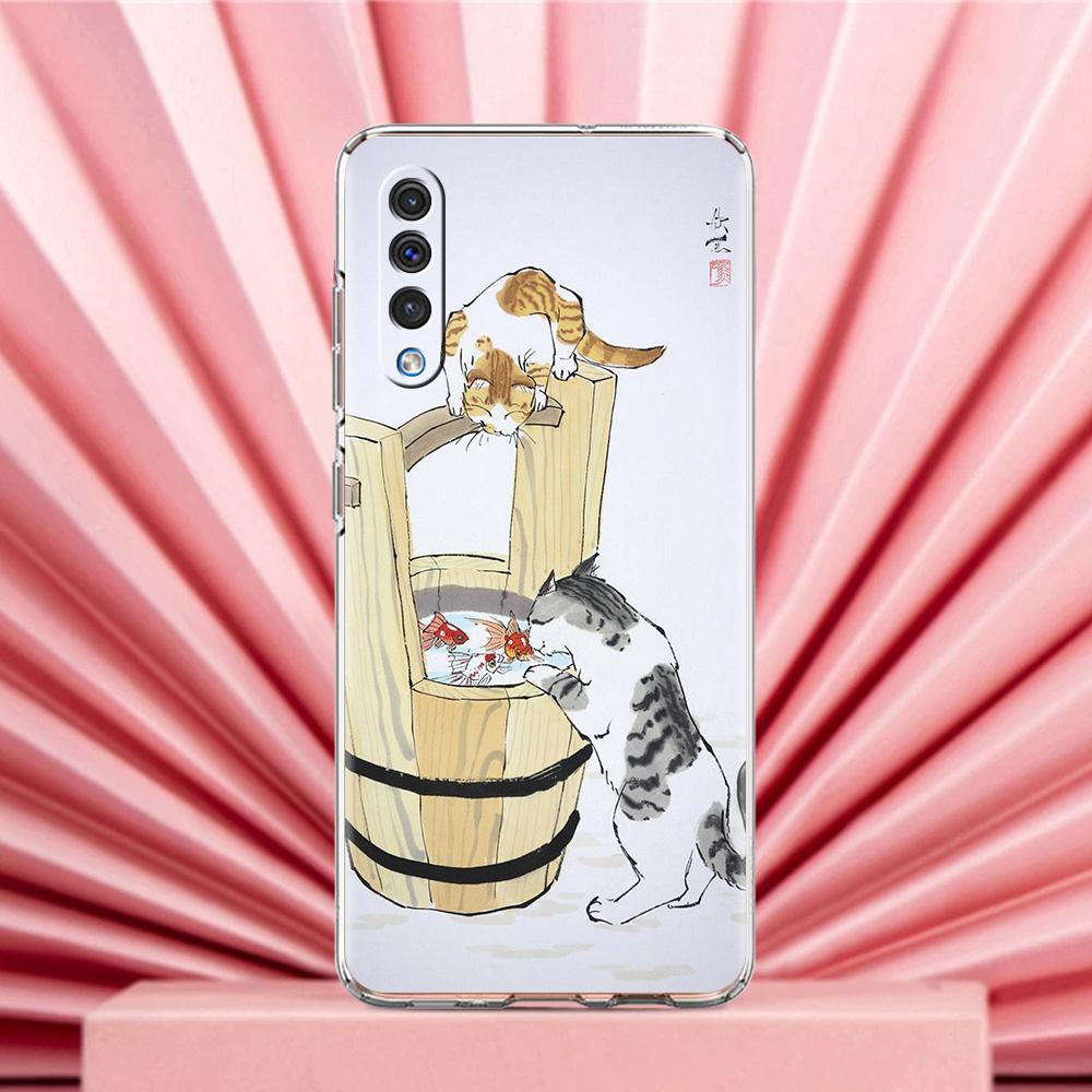 Phone Case For Samsung A56 A36 A26 A24 A16 A14 A12 A32 A50 A70 A20E A22 A40 A34 A54 A42 A52 5G A04s A06 Cover Cat Fishing