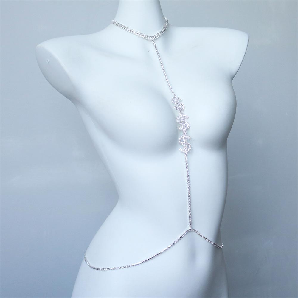 Euro-American Dollar Symbol Rhinestone Chest Chain Euro-American Bikini Sexy Body Chain Women'S Jewelry Body Chain