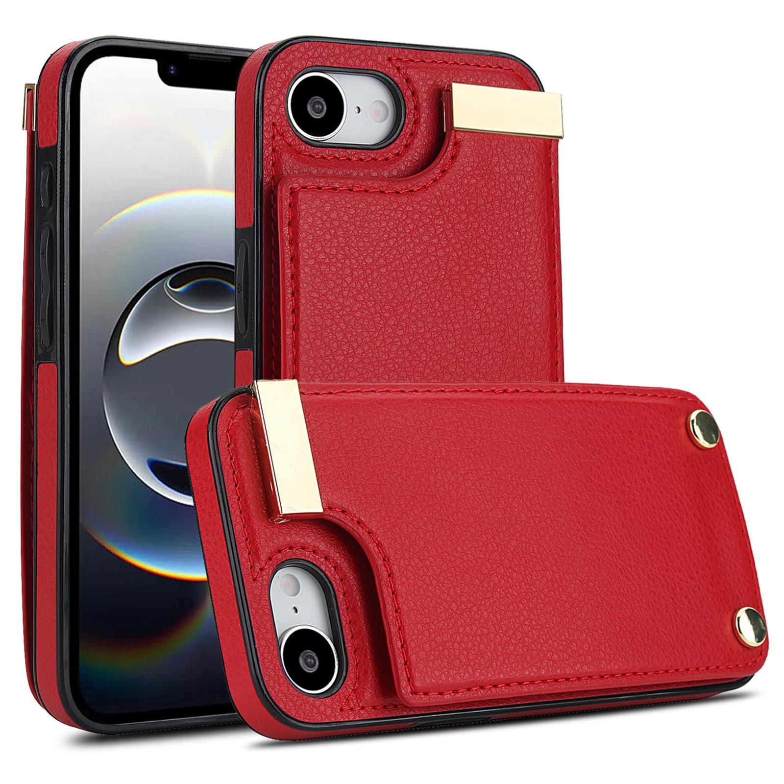 

For iPhone 16e Case TPU+PU Leather Hardware Decor Phone Cover with Card Holder Red