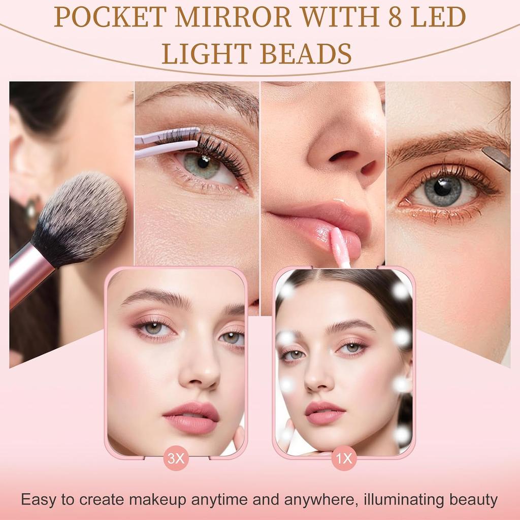 Compact Mirror with Light, 1X/3X Magnification LED Pocket Mirror for Women | Portable, Travel, Purse, Pocket, Gift, Pink, mini, small, essentials,