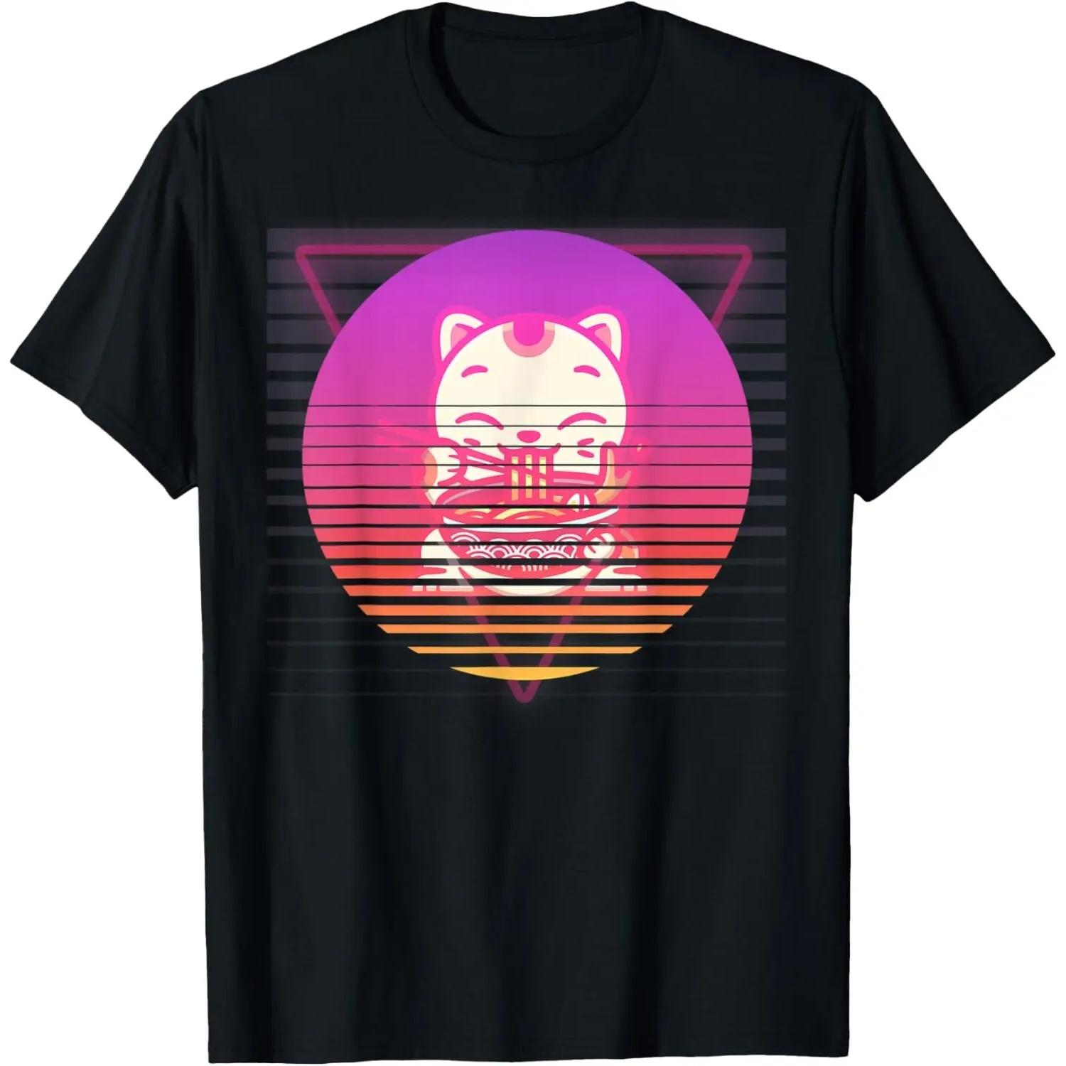 Kawaii Cat Anime Ramen Japanese Retro Vaporwave 80s 90s T-Shirt S чёрный