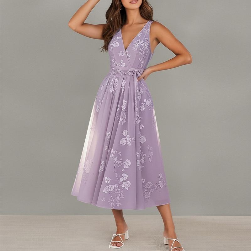 

Spring new, fashionable and elegant v-neck printed lace-up sleeveless dress 3XL фіолетовий